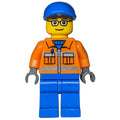 fig-007243 – Ground Crew, Orange Jacket with Zipper and Reflective Stripes, Blue Legs, Blue Cap, Glasses