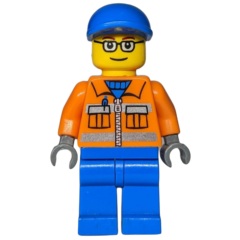 fig-007243 – Ground Crew, Orange Jacket with Zipper and Reflective Stripes, Blue Legs, Blue Cap, Glasses