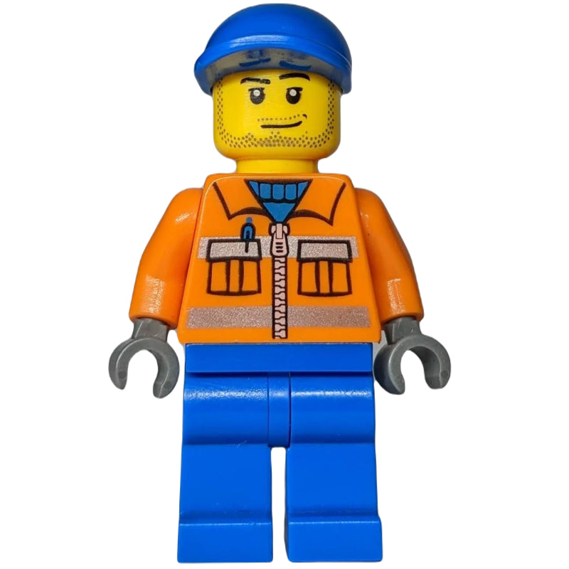 fig-007244 – Ground Crew, Orange Jacket with Zipper and Reflective Stripes, Blue Legs, Blue Cap, Stubble