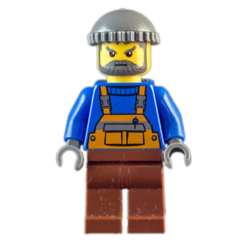 fig-007245 – Man, Orange Overalls over Blue Sweater, Reddish Brown Legs, Dark Bluish Gray Hat, Beard