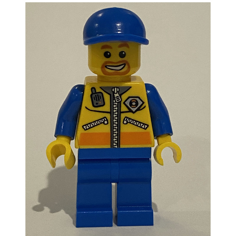 fig-007246 – Coast Guard, Yellow Jacket with Zipper, Radio and Badge, Blue Cap, Goatee Beard