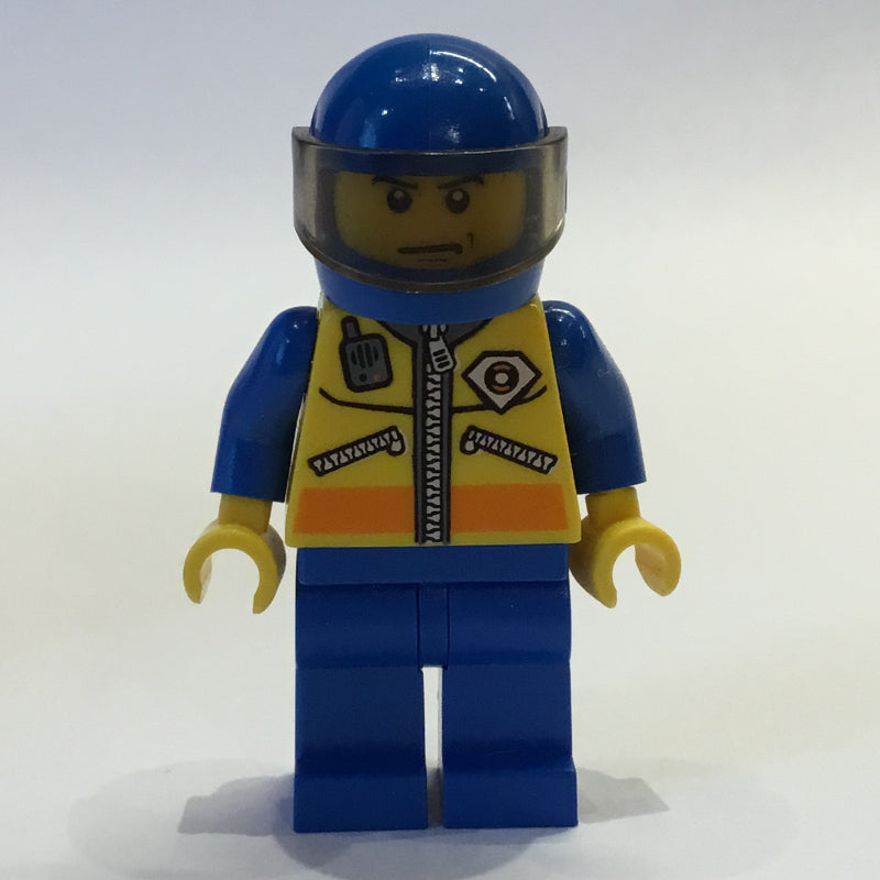 fig-007247 – Coast Guard, Yellow Jacket with Zipper, Radio and Badge, Blue Helmet with Visor