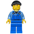 fig-007249 – Man, Blue Overalls over Shirt, Blue Legs, Black Hat, Cheek Lines