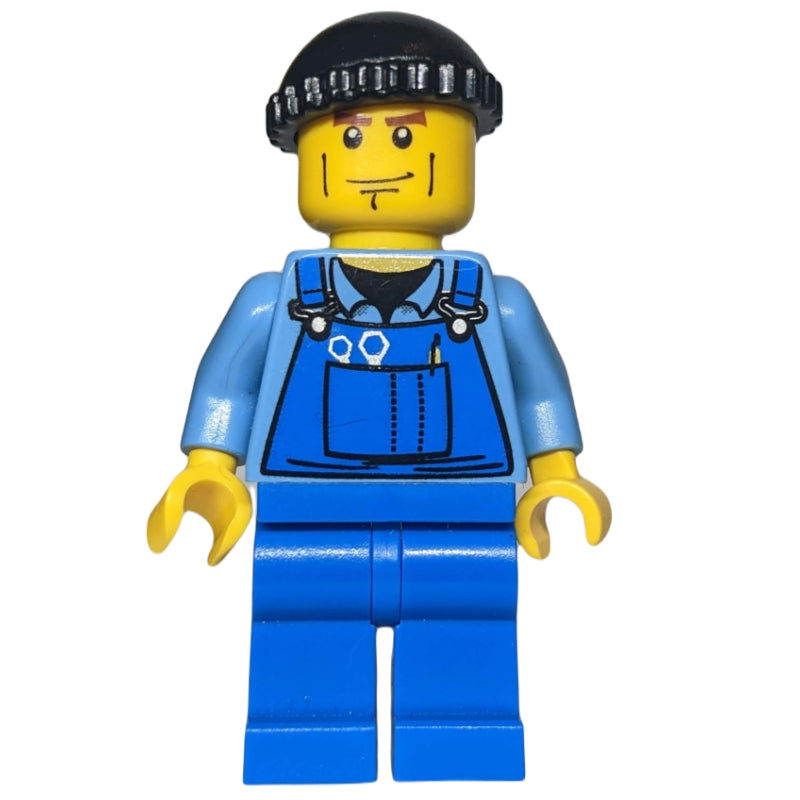fig-007249 – Man, Blue Overalls over Shirt, Blue Legs, Black Hat, Cheek Lines