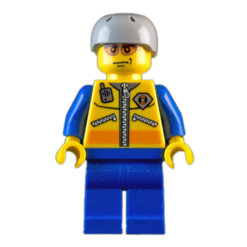 fig-007250 – Coast Guard, Yellow Jacket with Zipper, Radio and Badge, Light Bluish Gray Helmet, Orange Sunglasses