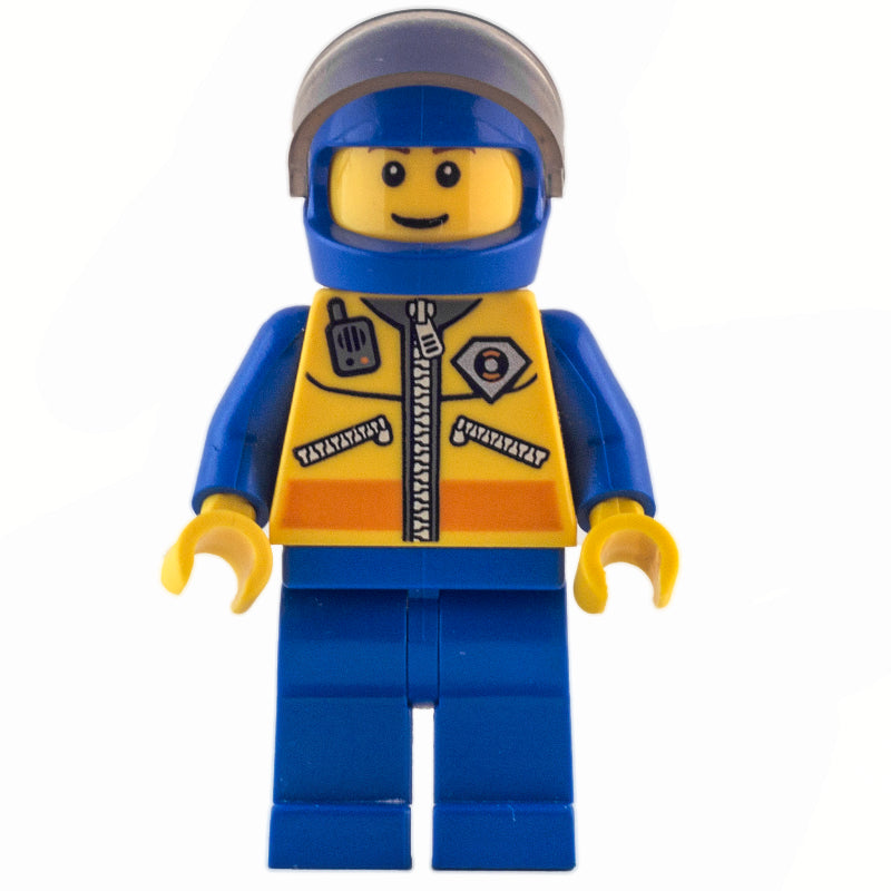 fig-007251 – Coast Guard, Yellow Jacket with Zipper, Radio and Badge, Blue Helmet with Visor, Brown Eyebrows