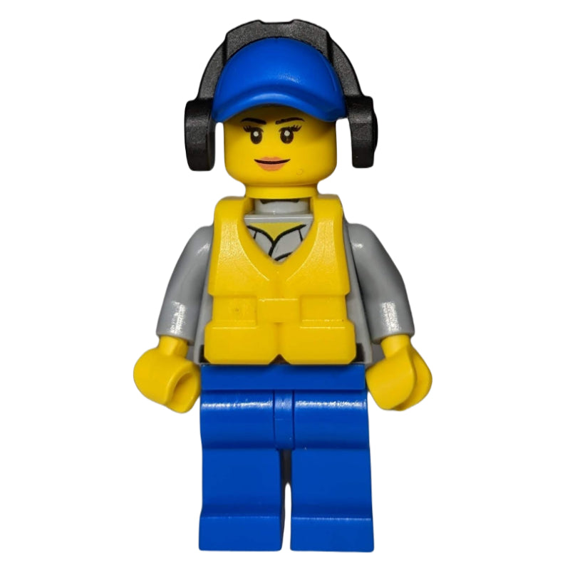 fig-007252 – Coast Guard, Light Bluish Gray Shirt with Badge, Blue Cap, Ear Defenders, Yellow Life Vest