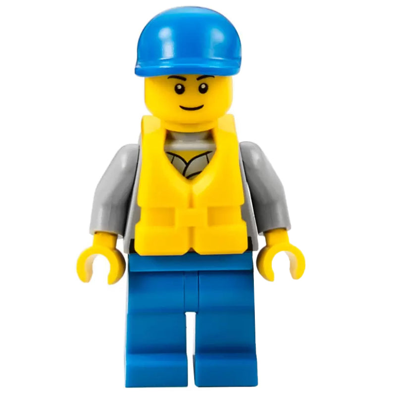 fig-007256 – Coast Guard, Light Bluish Gray Shirt with Badge, Blue Cap, Yellow Life Vest