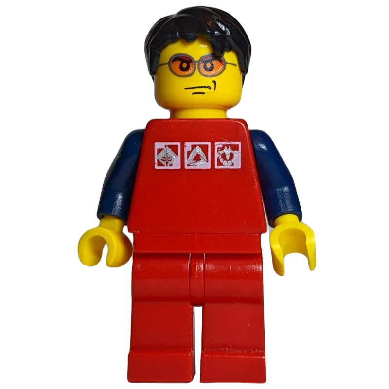 fig-007260 – Man, Red Shirt with Dark Blue Arms, Red Legs, Black Hair, Orange Sunglasses
