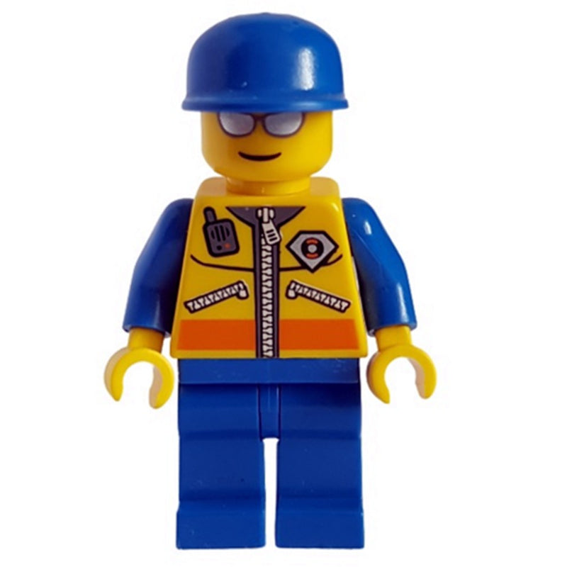 fig-007262 – Coast Guard, Yellow Jacket with Zipper, Radio and Badge, Blue Cap, Silver Sunglasses