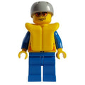 fig-007263 – Coast Guard, Yellow Jacket with Zipper, Radio and Badge, Light Bluish Gray Helmet, Yellow Life Vest, Orange Sunglasses