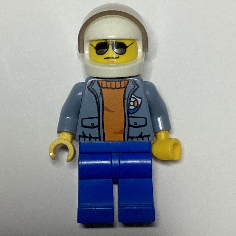 fig-007268 – Coast Guard, Open Sand Blue Jacket with Badge over Orange Sweater, White Helmet with Visor, Sunglasses