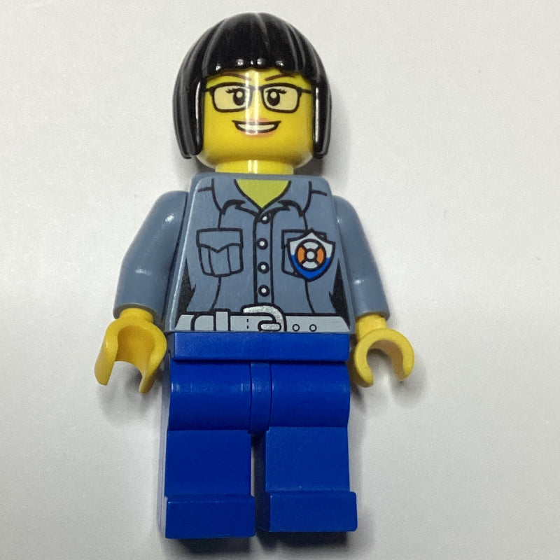 fig-007269 – Coast Guard, Woman, Sand Blue Shirt with Badge, Glasses