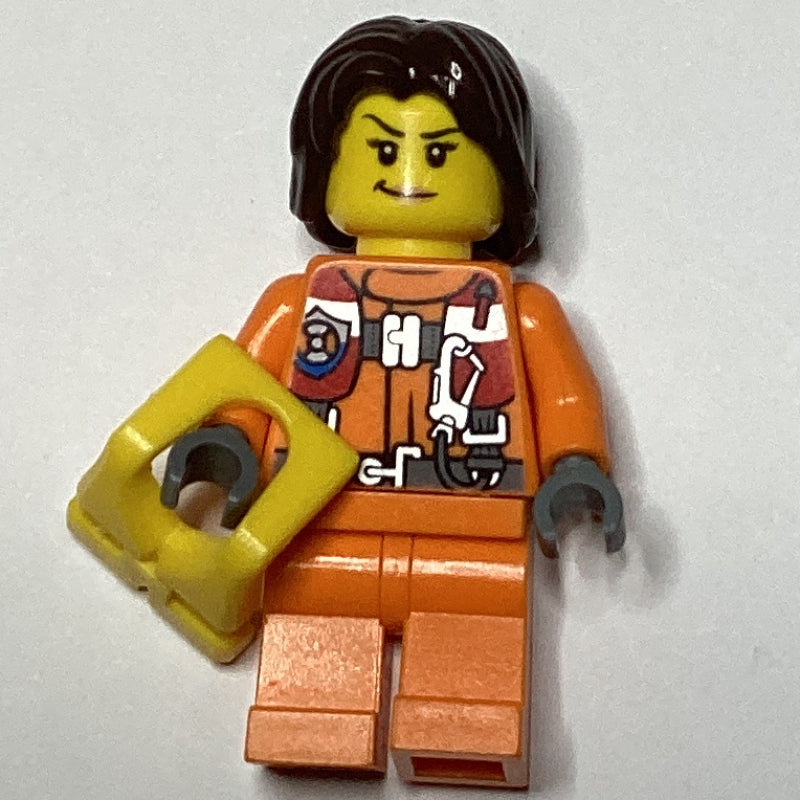 fig-007271 – Coast Guard, Woman, Orange Jumpsuit, Yellow Life Vest, Dark Brown Hair
