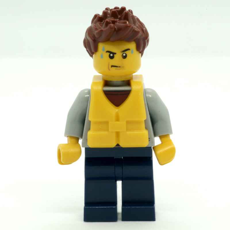 fig-007273 – Man, Light Bluish Gray Hoodie over Dark Red Shirt, Dark Blue Legs, Yellow Life Vest