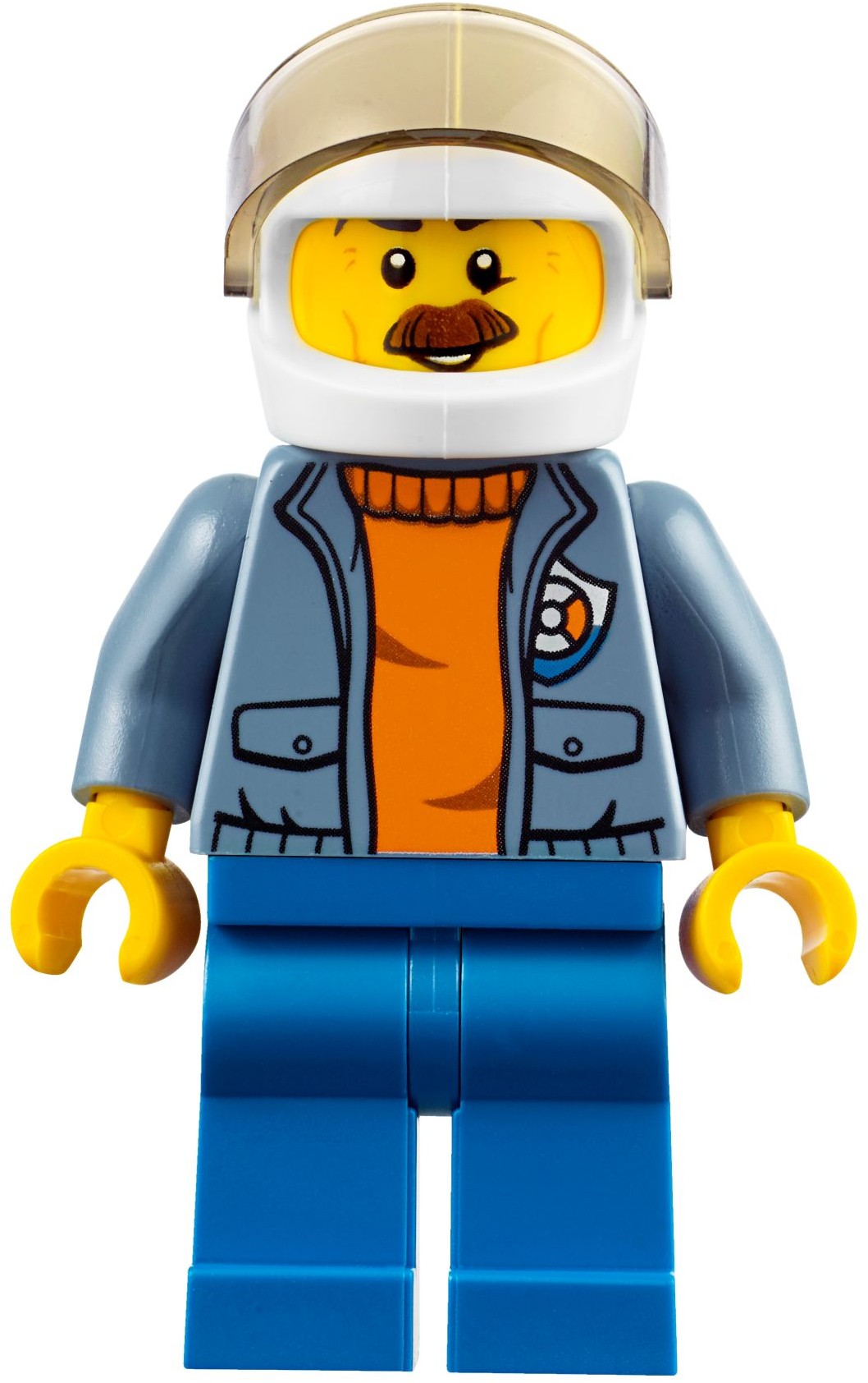 fig-007274 – Coast Guard, Open Sand Blue Jacket with Badge over Orange Sweater, White Helmet with Visor, Moustache