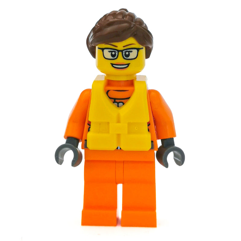 fig-007277 – Coast Guard, Woman, Orange Jumpsuit, Yellow Life Vest, Reddish Brown Hair, Glasses