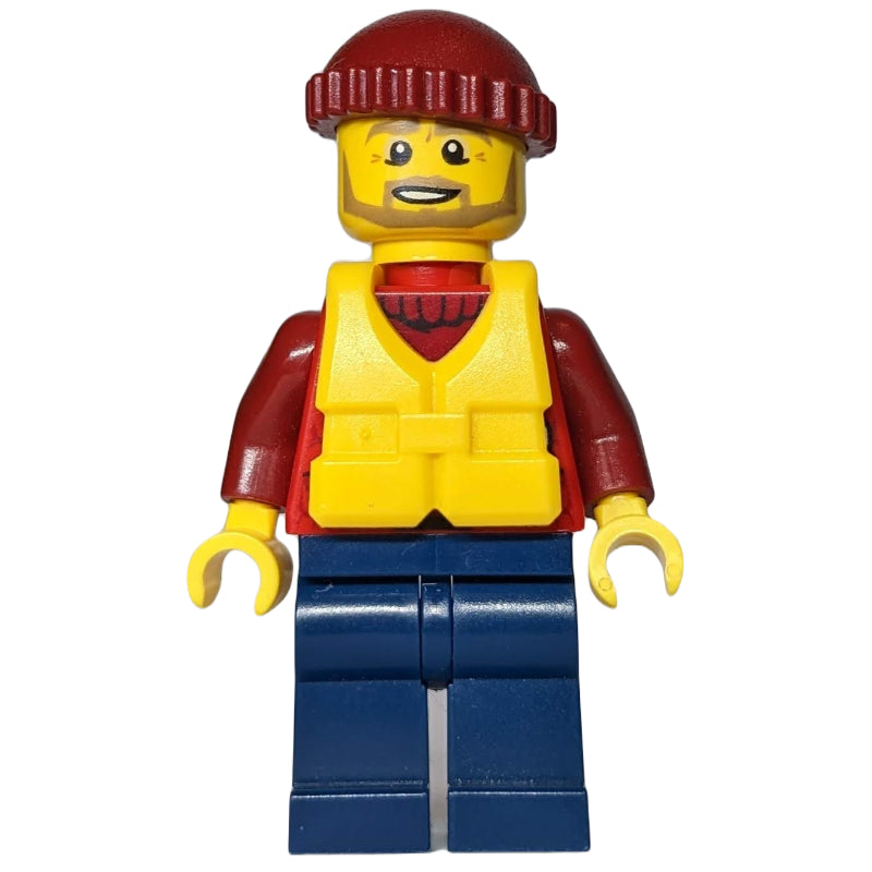 fig-007281 – Man, Open Red Jacket over Dark Red Sweater, Dark Red Hat, Yellow Life Vest, Beard