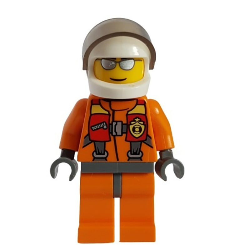 fig-007285 – Coast Guard, Orange Jumpsuit, White Helmet with Visor, Silver Sunglasses