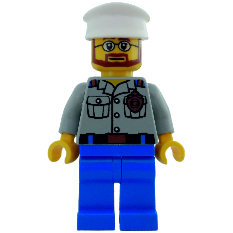 fig-007288 – Coast Guard Ship Captain, Light Bluish Gray Shirt with Badge, White Hat, Beard and Glasses