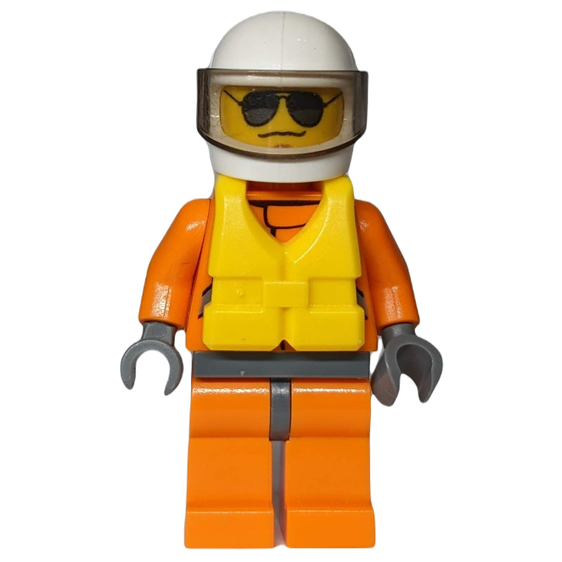 fig-007293 – Coast Guard, Orange Jumpsuit, White Helmet with Visor, Yellow Life Vest, Sunglasses