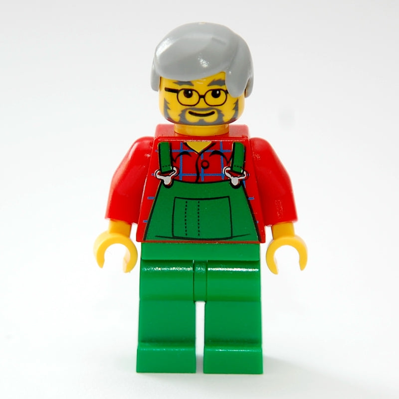 fig-007328 – Man, Green Overalls over Red Shirt, Light Bluish Gray Hair, Glasses and Beard
