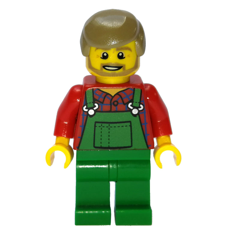 fig-007336 – Man, Green Overalls over Red Shirt, Dark Tan Hair, Beard