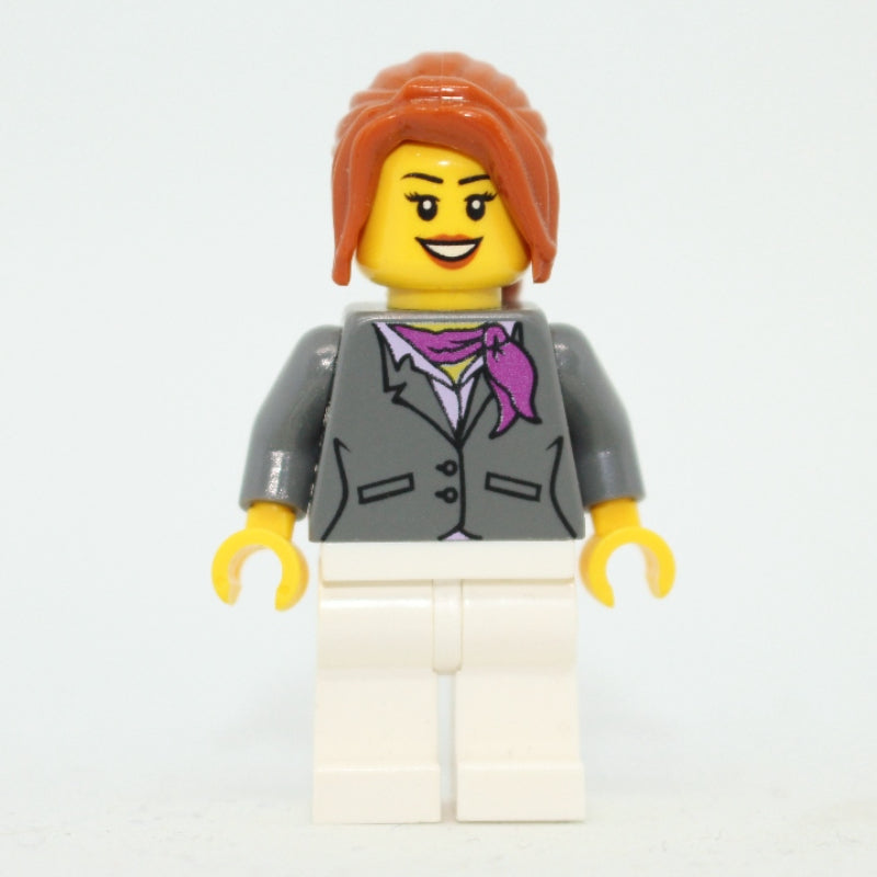 fig-007340 – Woman, Dark Bluish Gray Jacket with Magenta Scarf, White Legs, Dark Orange Hair