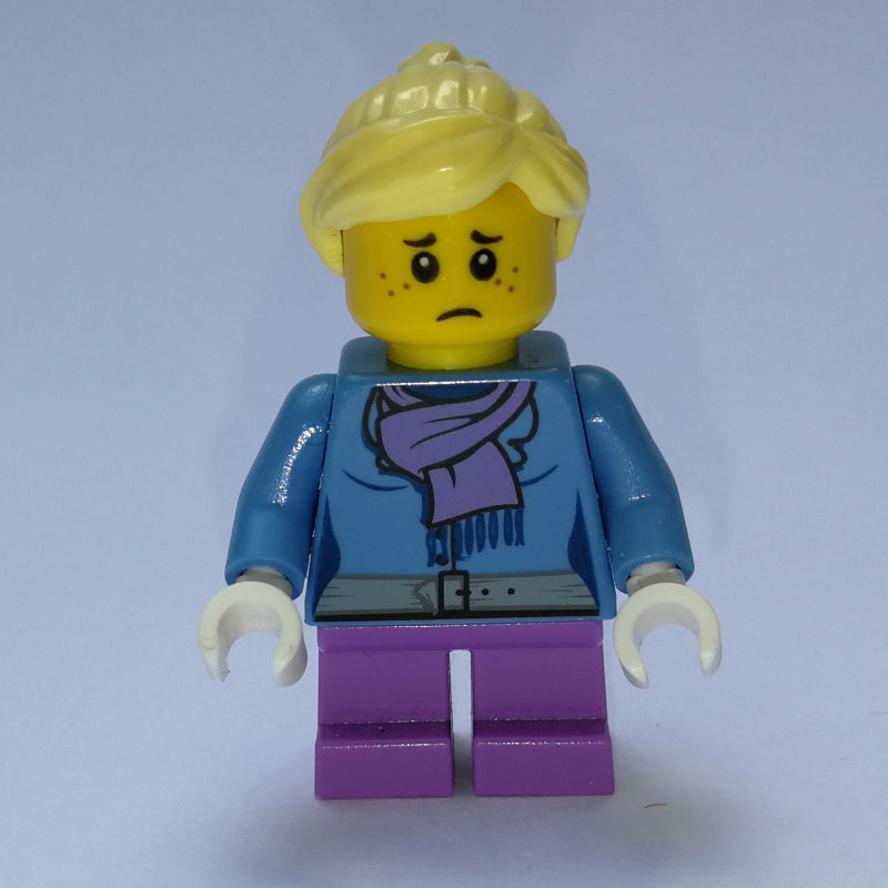 fig-007342 – Girl, Medium Blue Jacket with Medium Lavender Scarf, Short Medium Lavender Legs, Bright Light Yellow Hair