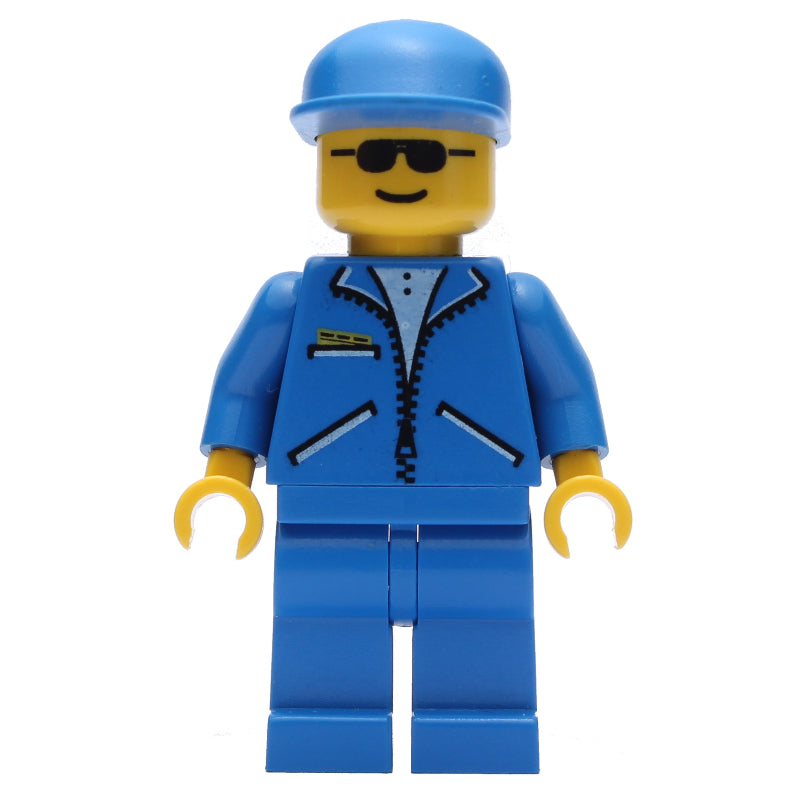 fig-007349 – Man, Blue Jacket with Zipper, Blue Legs, Blue Cap, Sunglasses