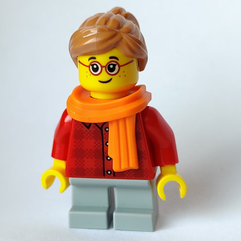 fig-007359 – Girl, Red Flannel Shirt, Short Light Bluish Gray Legs, Orange Scarf, Glasses
