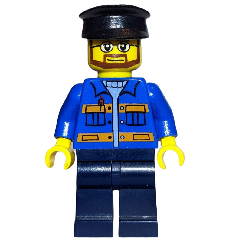 fig-007366 – Man, Blue Jacket with Orange Stripes, Dark Blue Legs, Black Hat, Glasses and Beard