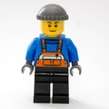 fig-007369 – Man, Orange Overalls over Blue Sweater, Black Legs, Dark Bluish Gray Hat, Brown Eyebrows