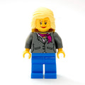 fig-007373 – Woman, Dark Bluish Gray Jacket with Magenta Scarf, Blue Legs, Bright Light Yellow Hair