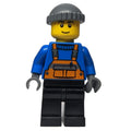 fig-007375 – Man, Orange Overalls over Blue Sweater, Black Legs, Dark Bluish Gray Hat