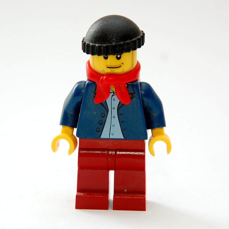 fig-007376 – Man, Open Dark Blue Jacket, Dark Red Legs, Red Scarf, Black Hat, Stubble