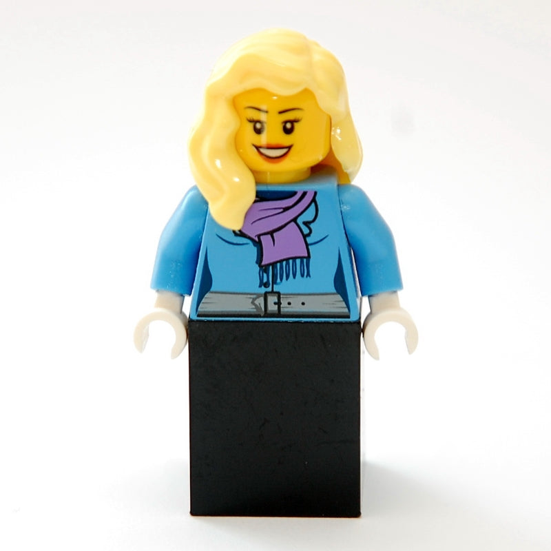 fig-007377 – Woman, Medium Blue Jacket with Medium Lavender Scarf, Black Skirt