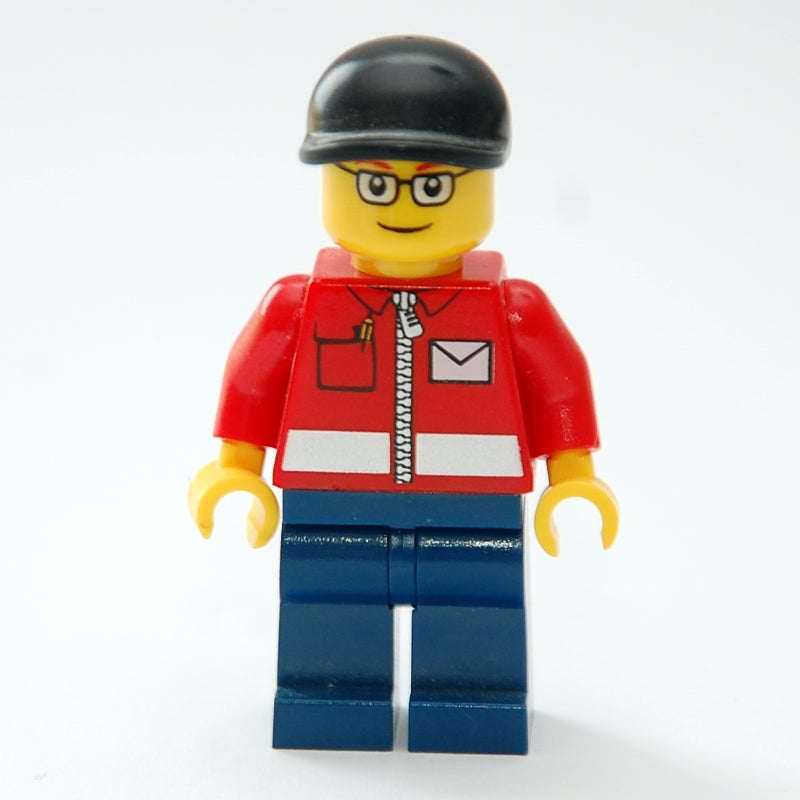fig-007381 – Postal Worker, Red Jacket with Zipper and Letter Logo, Dark Blue Legs, Black Cap, Glasses