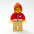 fig-007382 – Postal Worker, Woman, Red Jacket with Zipper and Letter Logo, Dark Orange Hair