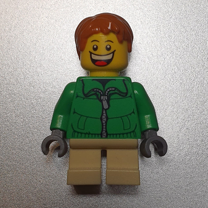 fig-007384 – Boy, Green Jacket, Short Tan Legs, Dark Orange Hair