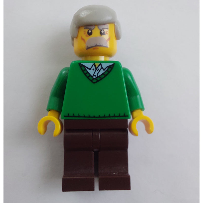 fig-007386 – Man, Green V-Neck Sweater, Dark Brown Legs, Moustache