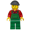 fig-007389 – Man, Green Overalls over Red Shirt, Dark Bluish Gray Hat, Stubble