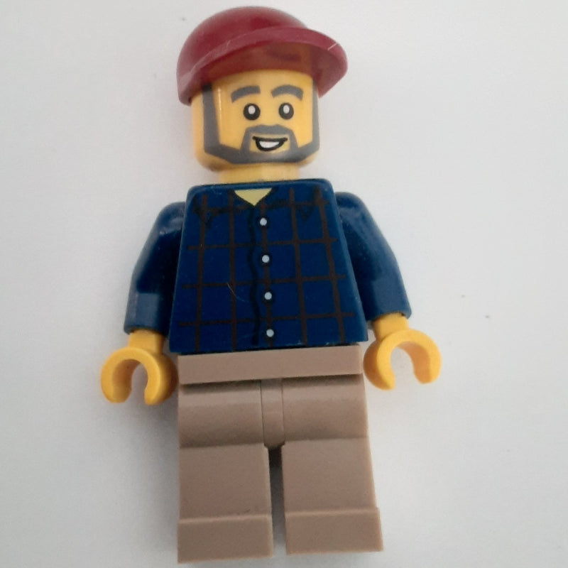 fig-007390 – Man, Dark Blue Plaid Shirt, Tan Legs, Dark Red Cap, Beard