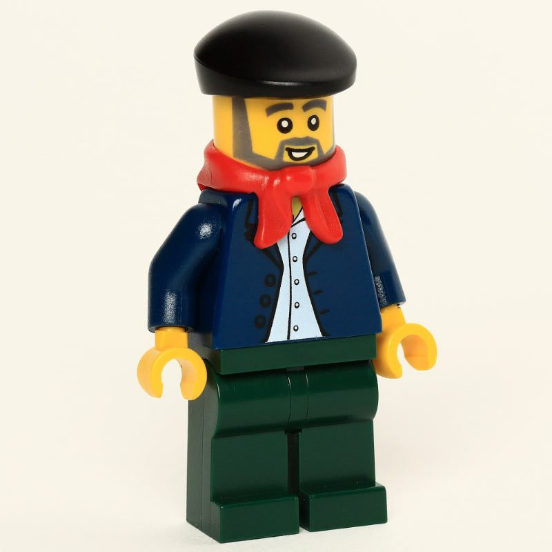 fig-007391 – Man, Open Dark Blue Jacket, Dark Green Legs, Red Scarf, Black Beret, Beard
