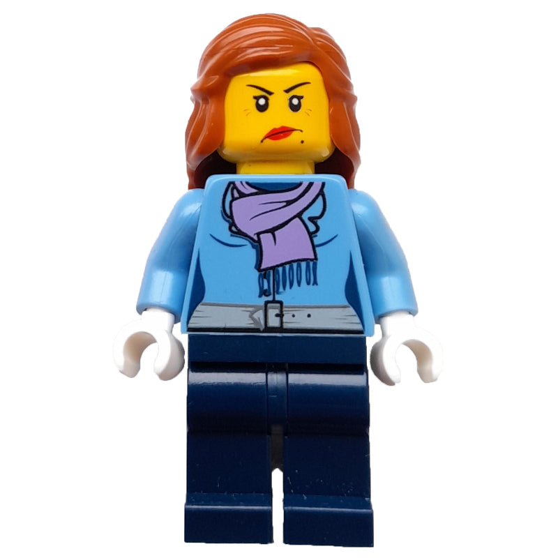 fig-007393 – Woman, Medium Blue Jacket with Medium Lavender Scarf, Dark Blue Legs
