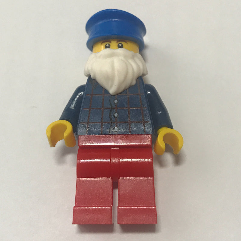 fig-007395 – Man, Dark Blue Plaid Shirt, Red Legs, Blue Hat, White Beard