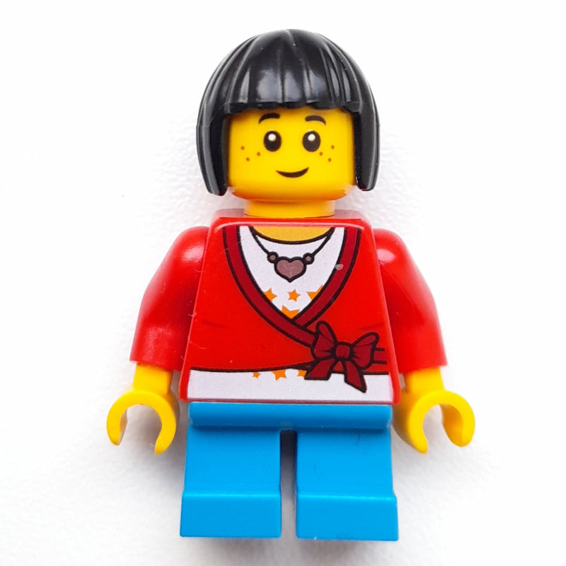 fig-007397 – Girl, Cardigan Tied with Bow, Necklace, Short Dark Azure Legs