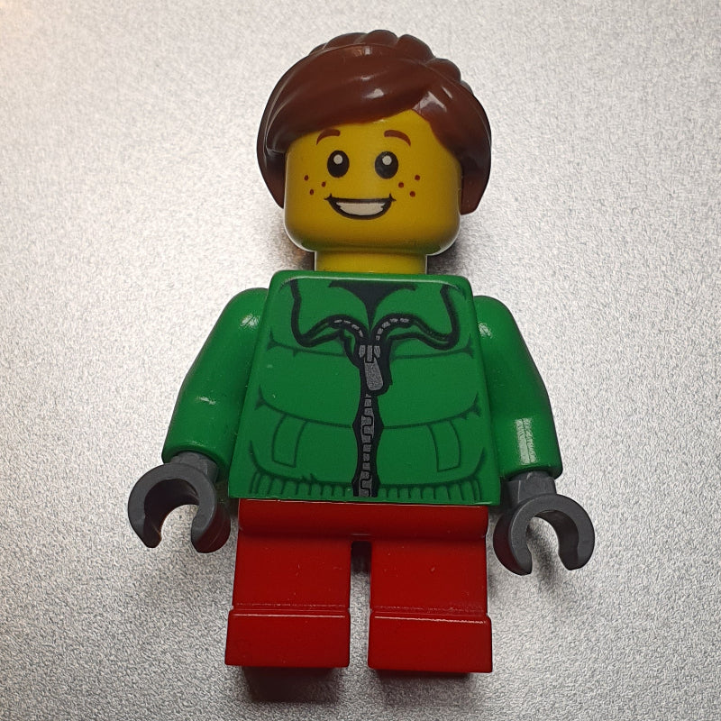 fig-007399 – Girl, Green Jacket, Short Red Legs, Reddish Brown Hair