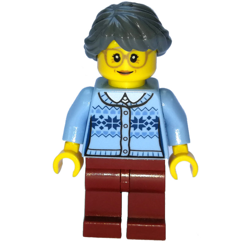 fig-007402 – Woman, Bright Light Blue Cardigan, Dark Red Legs, Dark Grayish Blue Hair