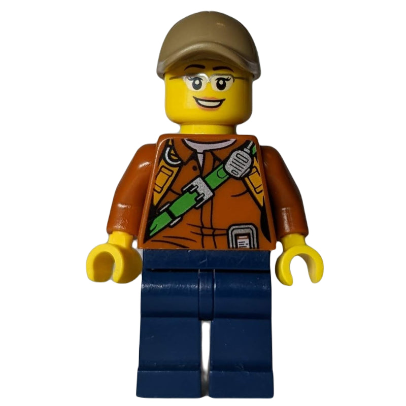 fig-007409 – Explorer, Shirt with Radio and Green Belt, Dark Tan Cap, Glasses, Woman